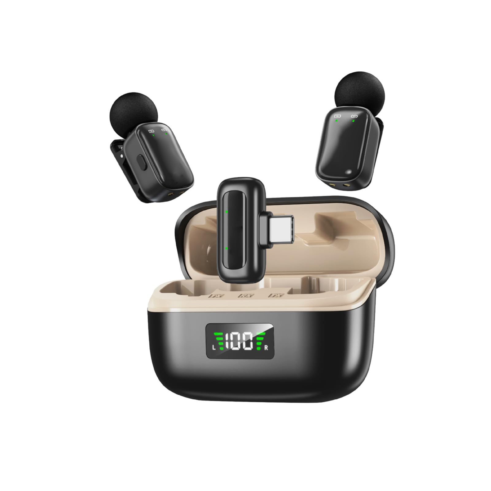 Wireless Lavalier Microphone, Mini Clip On Mic with AI Noise Reduction Voice Changer, Type C Interface, 20H Battery Life, for Video Recording Vlog Interview Live Streaming (Black Apricot)