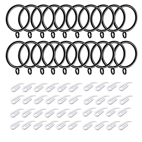 Topways® 20 stuks gordijnringen zwart metaal hangende ringen 38 mm binnendiameter en 40 stuks wit kunststof gordijnhaken 2,8 x 1,1 cm voor gordijnen en staven (metaal zwart)