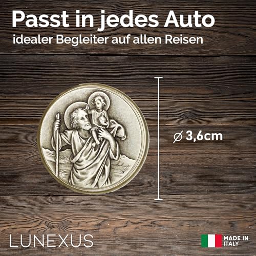 LUNEXUS Christopherus Auto Magnet Ø3,6 cm - Heiliger Christophorus Auto Plakette - gesegnet - Schutzpatron Autofahrer - Christopherus Auto Medaille - Schutzengel Auto Magnet - Auto Glücksbringer