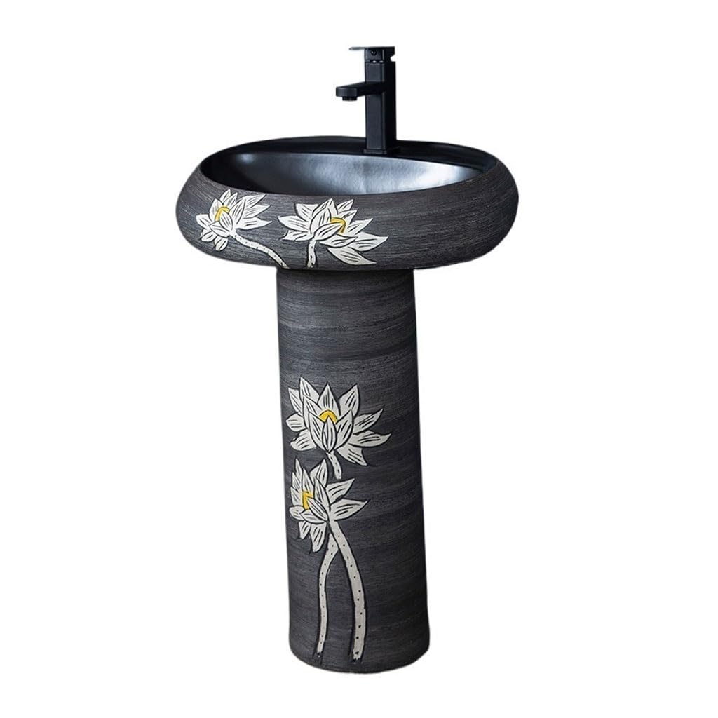 AYCDL Pedestal Sink Retro Ceramic Vertical Wash Basin Courtyard Outdoor Art Pedestal Basin Integrated Floor-Standing Wash Basin Balcony Pool Bathroom Pedest