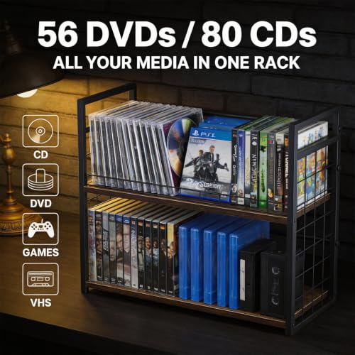 Image of 2-Tier DVD Storage Rack & CD Display Shelf, Holds 56 DVD Cases, Stackable Metal Media Organizer Tower for Blu Ray, Video Games, VHS Tapes