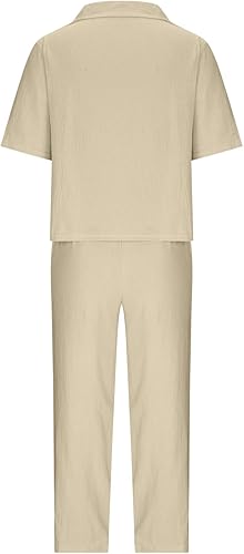 Vista 4 de Conjunto deportivo de 2 piezas para mujer, sudadera de lino de media manga de cuello alto con lazo en la cintura, pantalones holgados