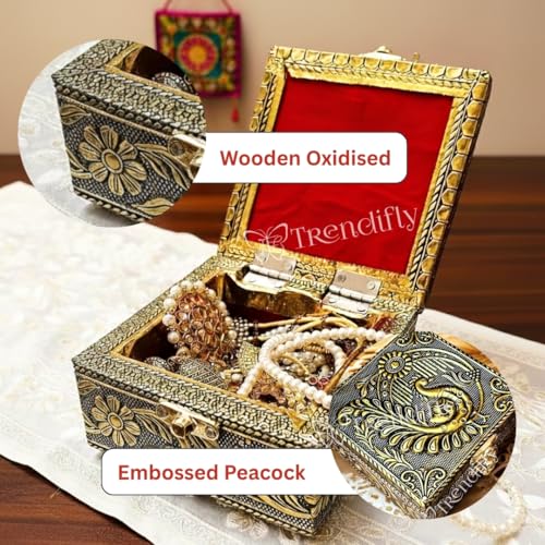 Image of Trendifly Wooden Oxidised Jewellery Organiser Storage Box Small For Women | Wood Jewel Necklace Earrings Ring Multipurpose Storage Organizer Box | Wedding Anniversary Pooja Return Gift Favors