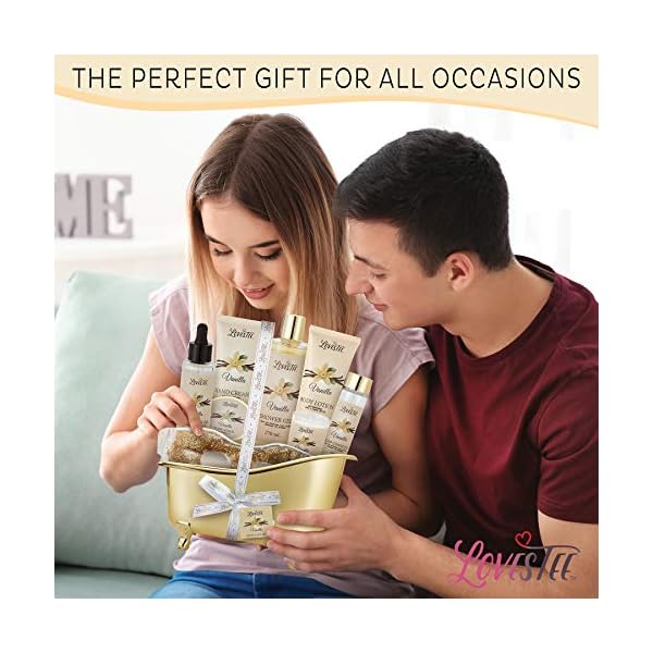 Spa-Gift-Basket-for-Women-Vanilla-Bath-Body-Set-Christmas-Mothers-Day-Birthday-Gift-Includes-Shower-Gel-Body-Lotion-Hand-Cream-Body-Scrub-Message-Oil-Candle-Eye-Mask-Soap-Confetti Christmas Spa Gift Basket for Women, Vanilla Bath & Body Set, Christmas, Mother’s Day & Birthday Gift, Includes Shower Gel, Body Lotion, Hand Cream, Body Scrub, Message Oil, Candle, Eye Mask, Confetti