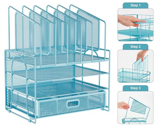 Image of Marbrasse Desk Organizers, 4-Tier Mesh Desk File Organizer with 5 Vertical File Holders and 2 Pen Holders, Multifunction Desktop Organizer,Desk Organizers and Accessories for Home Office (Blue)