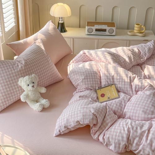 Image of mixinni Light Pink Gingham Duvet Cover Set Twin XL Size - 100% Washed Cotton 3 Piece Plaid Checkered Bedding Set, Soft Comfy Grid Farmhouse Comforter Cover with Zipper Closure & Corner Ties
