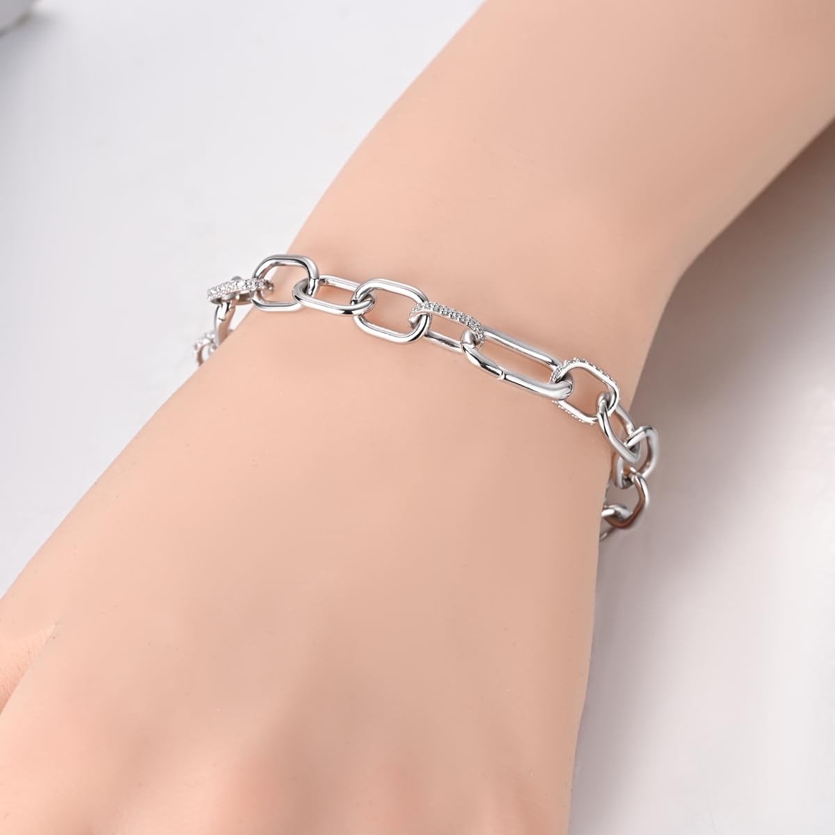 Sterling Silver (Gold) Chain Bracelet for Women -  Women's Large Link Bracelets with 5A Cubic Zirconia, Silver Paperclip Bracelet Jewelry, Wedding Birthday Gift for Her