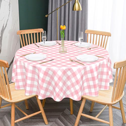 Image of Mulbozy 2 Pcs Pink Gingham Round Plastic Tablecloth Disposable, 84 inch