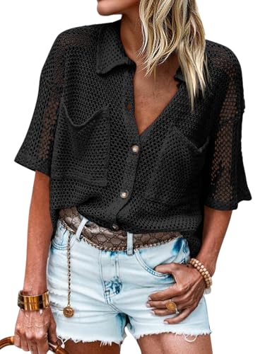 Image of Fisoew Womens Crochet Lightweight Cardigan Sweaters Short Sleeve Summer Button Down Collared Loose Cover Up Shirts