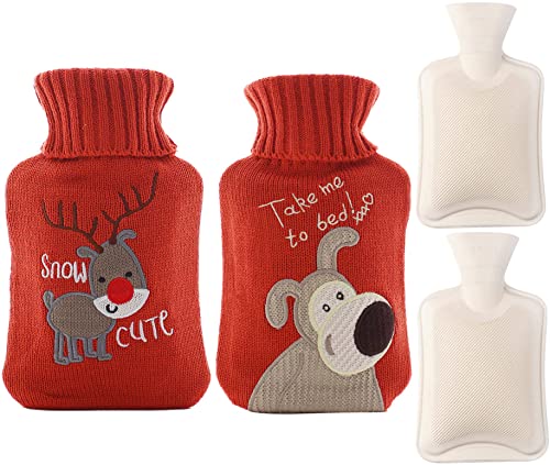 Wärmflasche mit Bezug, Lostwry 2 Stück 1L Wärmebeutel mit Abnehmbarer und Waschbarer Strickbezug Rollkragen Wärmekissen Wärmflaschen für Nacken und Schultern, Rücken, Beine, Taille Warm, Rot Cover