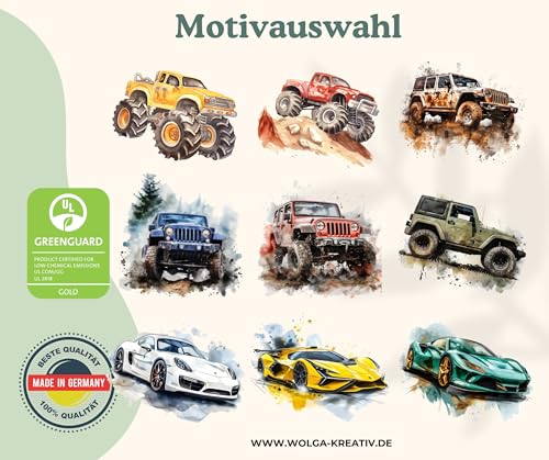 wolga-kreativ personalisiertes Kissen mit Namen mit Füllung – Auto Motive für Jungen – Rennwagen, Geländewagen & Monstertruck – Geschenk zur Geburt, Taufe & Geburtstag
