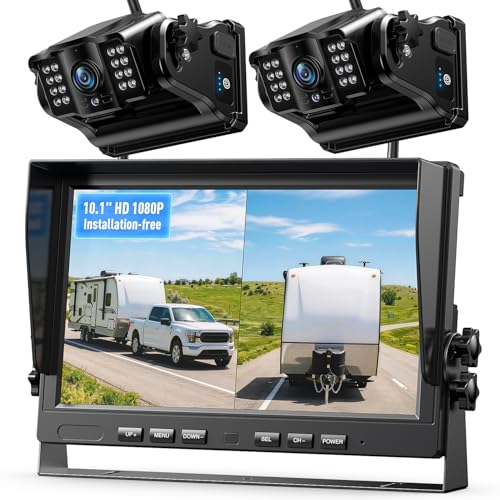eRapta Magnetic Wireless Backup Camera Kit with HD1080P 10” DVR Monitor, Dual RV/Trailer/Truck/Tractor Cameras Wireless System, No Wiring, 9600mAh Rechargeable Battery, IR Night Vision-ACT1002