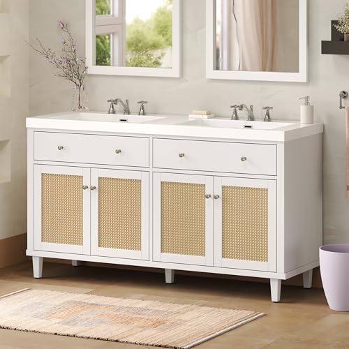 THINK 30 60 Inch Bathroom Vanity with Double Sink,White Doule Sink Vanity with 2 Tip-Out Trays...
