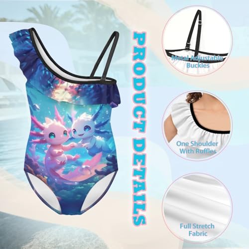 Image of WELLFLYHOM Axolotl Girls One Piece Swimsuits 3-14 Ruffle One Shoulder Bathing Suits Full Coverage Beachwear