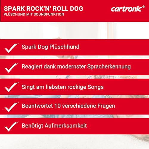 Cartronic Spark Rock 'n' Roll Dog, 30 cm I Plüschhund mit Sing-Funktion, der Witze erzählt und Fragen beantwortet I Spielzeug-Hund
