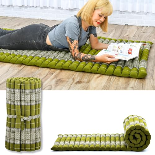 Leewadee Rollbare Thaimatte, 200x76x5 cm, Gästematratze Schlafmatte Yogamatte Massagematte Ökologisches Naturprodukt Thai Matte, Kapok, grün