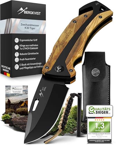 BERGKVIST K30 Tiger fällbar kniv (tvåhandskniv) med trähandtag - 3-i-1 fickkniv för utomhusbruk med glasbrytare och bältesklippare för överlevnad, jakt och camping