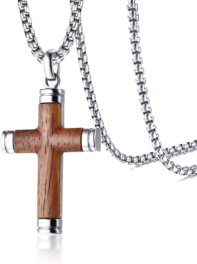 Wood Cross Pendant for Men, Ebony Wooden Cross Necklace Titanium Steel Crucifix Pendant Necklaces Luxury for Mature Men Handmade Jewelry Gift Christmas