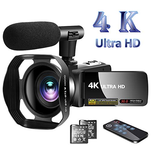Video Camera 4K Camcorder with Microphone Vlogging Camera YouTube Camera Recorder Ultra HD 30MP 3.0' IPS Touch Screen with Lens Hood & 2 Batteries