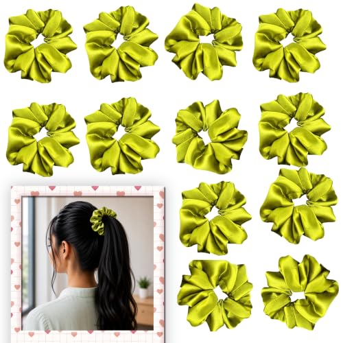 Image of Satin Scrunchies Hair Bands for Women Pack of 12 (Olive Green)