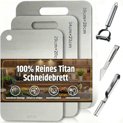 Set di 3 tagliere acciaio inox,titanium cutting board, in titanio con cuscinetto in silicone antiscivolo, per cucina all'aperto, campeggio, escursionismo (29 x 20 cm, 34 x 23 cm e 39 x 28 cm)