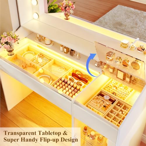 Image of HUAHUU Vanity Desk with Mirror & RGB Lights, White Makeup Vanity Table with 2 Transparent Top Large Drawers & RGB Cabinet, Vanity Desk with LED Lighted Mirror 3 Colors, Power Outlets, Flip-up Drawer