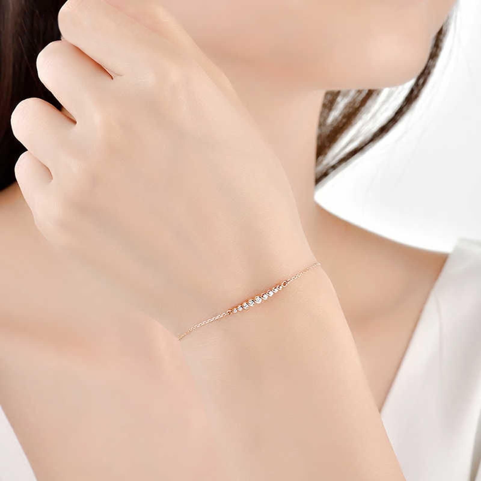 Pulsera Mujer de Oro Rosa 9 K / 14 K / 18 K, Cadena con Redondo y Diamante, Cadena Extensible 16 CM + 5 CM, Pulsera para Mujer de Oro Rosa