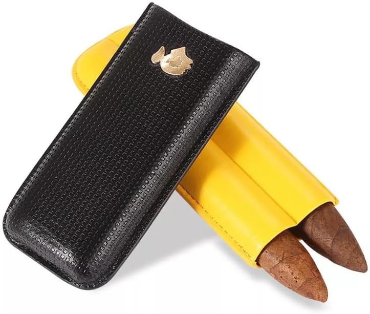 COHIBA Premium Leather Travel Humidor – Two-Tube Portable Cigar Case, Black & Yellow, Classic Design