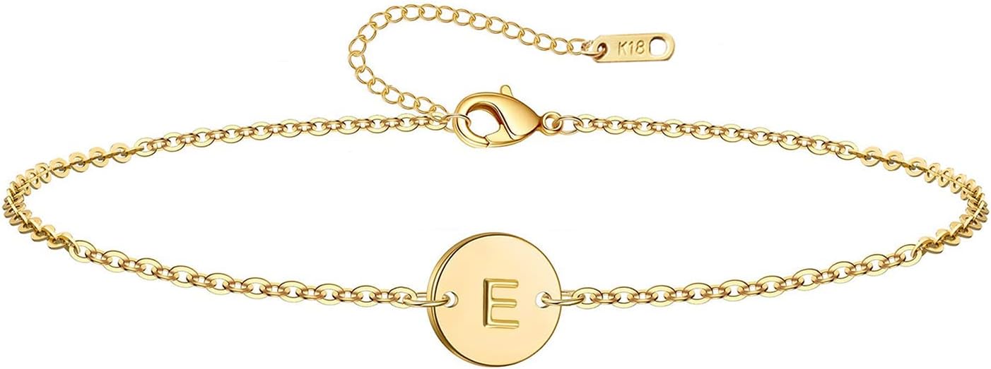 Initial Charm Bracelets 18K Gold Plated Stainless Steel Dainty Small Round Coin Disc Initial Bracelet Engraved Letters Personalized Name Bracelet for Women
