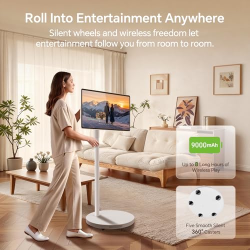 Image of 27 inch Portable TV with Hi-Fi Audio, 44W Quad Speakers & Subwoofer | Smart Portable TV on Wheels with Android 14 EDLA , 8GB+128GB, 5MP Privacy Camera, Voice Remote Control Touch Screen Monitor