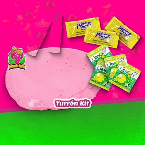 Turron Kit - Includes 4oz Turron, 2 Mini To Go Chil Powder, 3 Chamoy Packets, and 4 Limon7, Mexican Candy, Dulces Mexicanos, Sweet, Spicy, Turrón Rosa, Nougat, Viral on TikTok