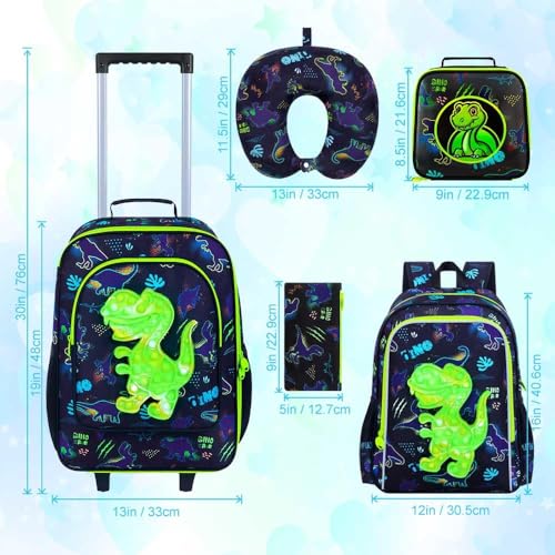 Image of CCJPX 5Pcs Kids Luggage for Boys, Dinosaur Rolling Travel Carry on Suitcase for Toddler Children with Wheels(Black)