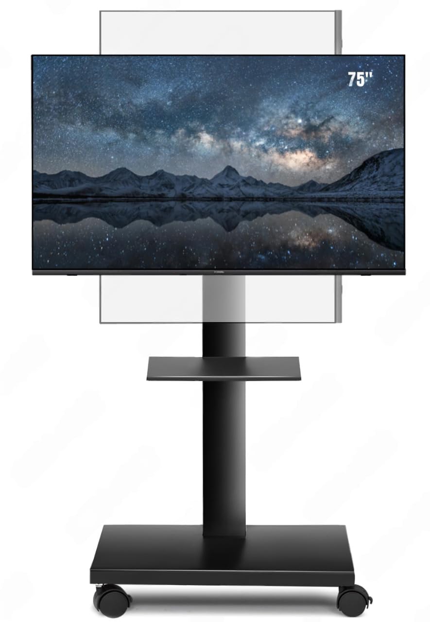 Mobile TV Stand with Wheels &amp; Shelf - 60° Swivel, Tilt &amp; Height Adjustable Rolling TV Cart for 32-75 Inch TVs, 88 lbs Capacity, Outdoor/Indoor Use, Max VESA 600x400mm (Landscape/Portrait)