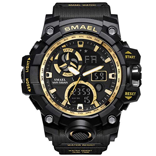 SMAEL Men's Sports Analog Quartz Watch Dual Display Waterproof Digital Watches with LED Backlight relogio Masculino (Black Gloden)
