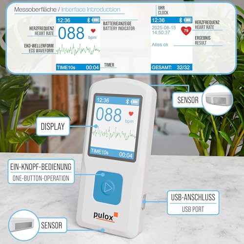Pulox PM10 Mobiles Einkanal EKG-Gerät - Wireless EKG-Monitor für Zuhause mit Analyse,...