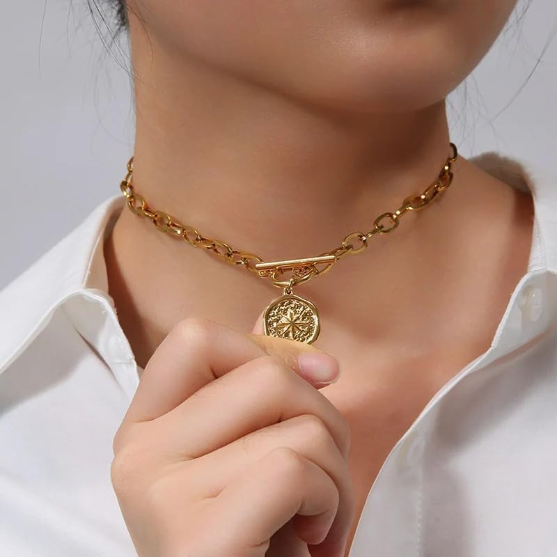 925 Sterling Silver Compass Necklace For Women Men - 14K Yellow Gold Coin Toggle Necklace, Compass Pendant Necklaces, Sun Star Medallion Coin Necklace With Chain, Compass Necklace for Men Jewelry