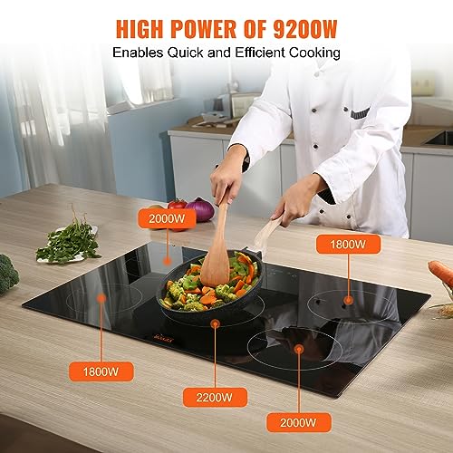 VEVOR Electric Cooktop, 5 Burners, 30'' Induction Stove Top, Built-in Magnetic Cooktop 9200W, 9 Heating Level Multifunctional Burner, LED Touch Screen w/Child Lock & Over-Temperature Protection