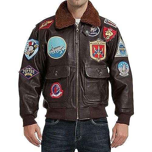 Mens Leather Tom Cruise USAAF G1 Maverick Aviator Pilot Removable Fur Collar Bomber Jacket (XL)2