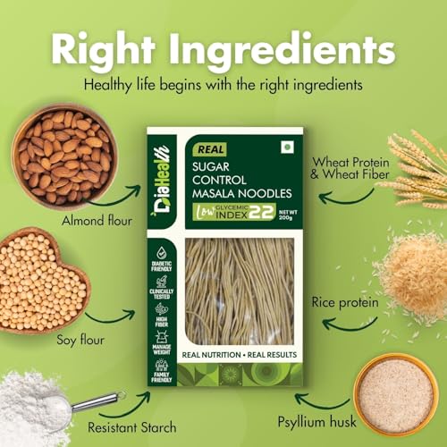 Image of Diahealth Diabetic Care Masala Noodles, 200 Gms, 1 Pack, Low Glycemix Index (22) & High Protein /Serv, Taste Just Like Regular Noodles, Low Carb, Pre-Biotic High Fibre, For Diabetics And Weight Loss