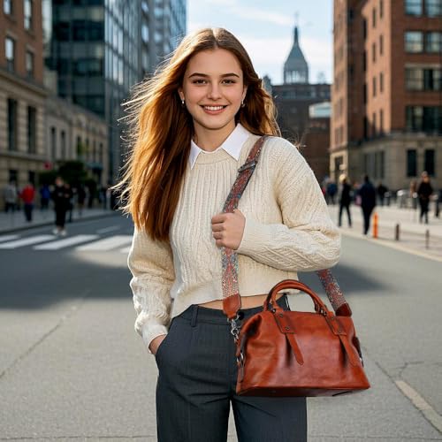 Image of Leather Handbag for Women, Genuine Leather Purses Retro Mandela Crossbody Handbag Tote Bag