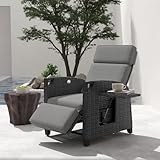 UDPATIO Liegesessel mit Sitzkissen Gartensessel Wetterfest 150° Verstellbare, Rückenlehne Rattan Sonnenliege mit Beistelltisch für Innen, Außeneinsatz- Grau Sitzkissen & Dunkelgrauer Rattan
