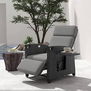 UDPATIO Liegesessel mit Sitzkissen Gartensessel Wetterfest 150° Verstellbare, Rückenlehne Rattan Sonnenliege mit Beistelltisch für Innen, Außeneinsatz- Grau Sitzkissen & Dunkelgrauer Rattan