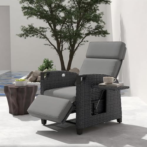 UDPATIO Liegesessel mit Sitzkissen Gartensessel Wetterfest 150° Verstellbare, Rückenlehne Rattan Sonnenliege mit Beistelltisch für Innen, Außeneinsatz- Grau Sitzkissen & Dunkelgrauer Rattan