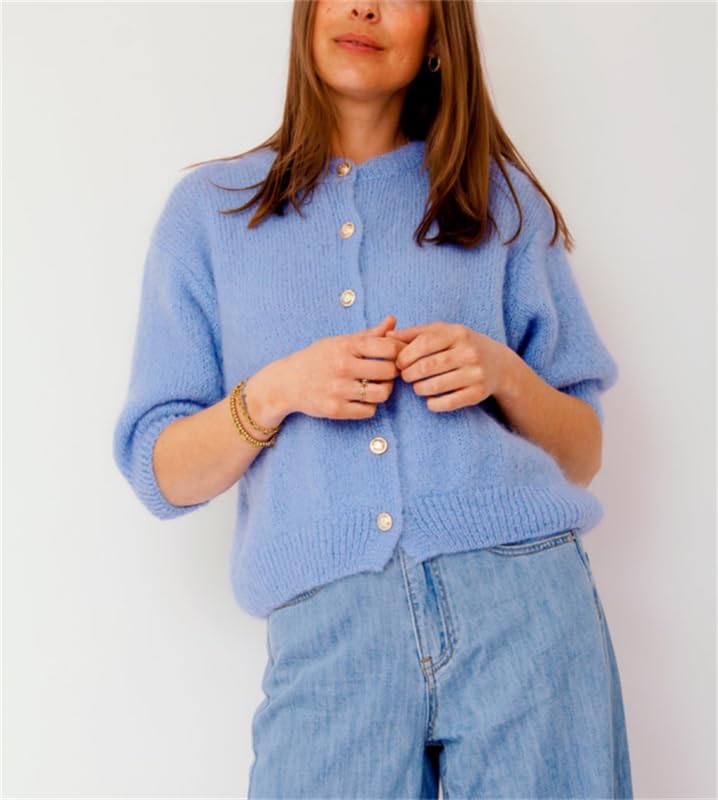 Image of Women Knitted Crop Cardigan Shirt Short Sleeve Button Down Ribbed Knit Crop Top Y2k Girls Outwear Top Tee Shirt