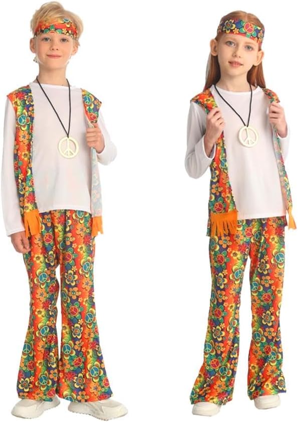 Dressy Daisy 70s Retro Hippie Costume for Age 5-10 Years Kids Peace Necklace Disco Dress Up Halloween Carnival School Play