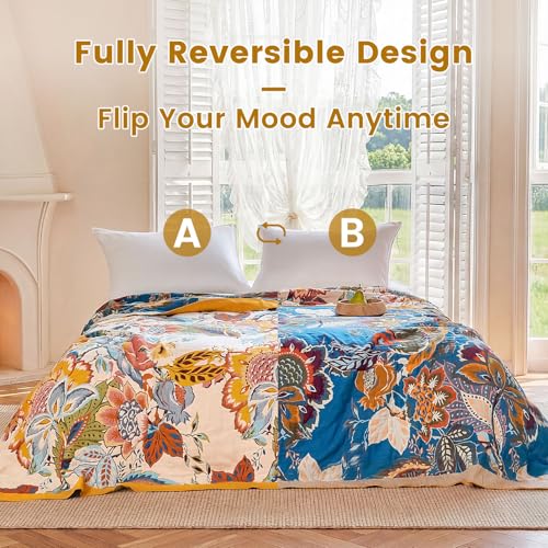 Image of MSGKV Boho Throw Blanket 90 inchx90 inch Fall Cotton Floral Blanket for Couch