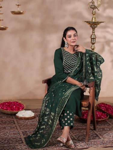 Image of ishin Women's Viscose Rayon Yoke Design Green Straight Kurta Suit Set with Trousers and Dupatta
