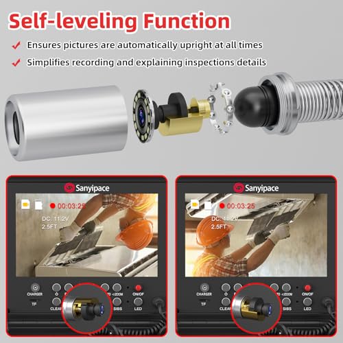 Image of Sanyipace Drain Camera 512Hz, Self-Leveling Sewer Camera with Distance Counter, 5X Zoom, 4500mAh Battery, Waterproof Pipe Camera for Plumbing Duct Home Inspection, 66FT /20M Cable, Included 16GB Card