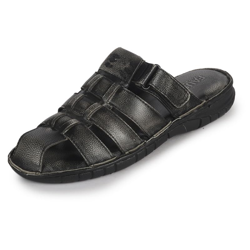 Image of FAUSTO Men Genuine Leather Multi Strap Closed Toe Broad Feet Slip On Slippers with Adjustable Strap | Roman Sandals