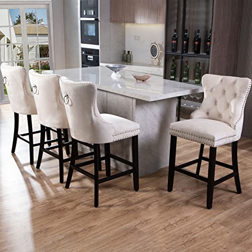 Nopurs Bar Stools Set Of 4 - Velvet Barstools, Tufted Counter Height Bar Stools For Kitchen Counter, Nailhead Trim Bar Chairs, Wood Legs, High Back, Soft Seat, Morden Island Chairs, 27.2Inch Beige #TOP1
